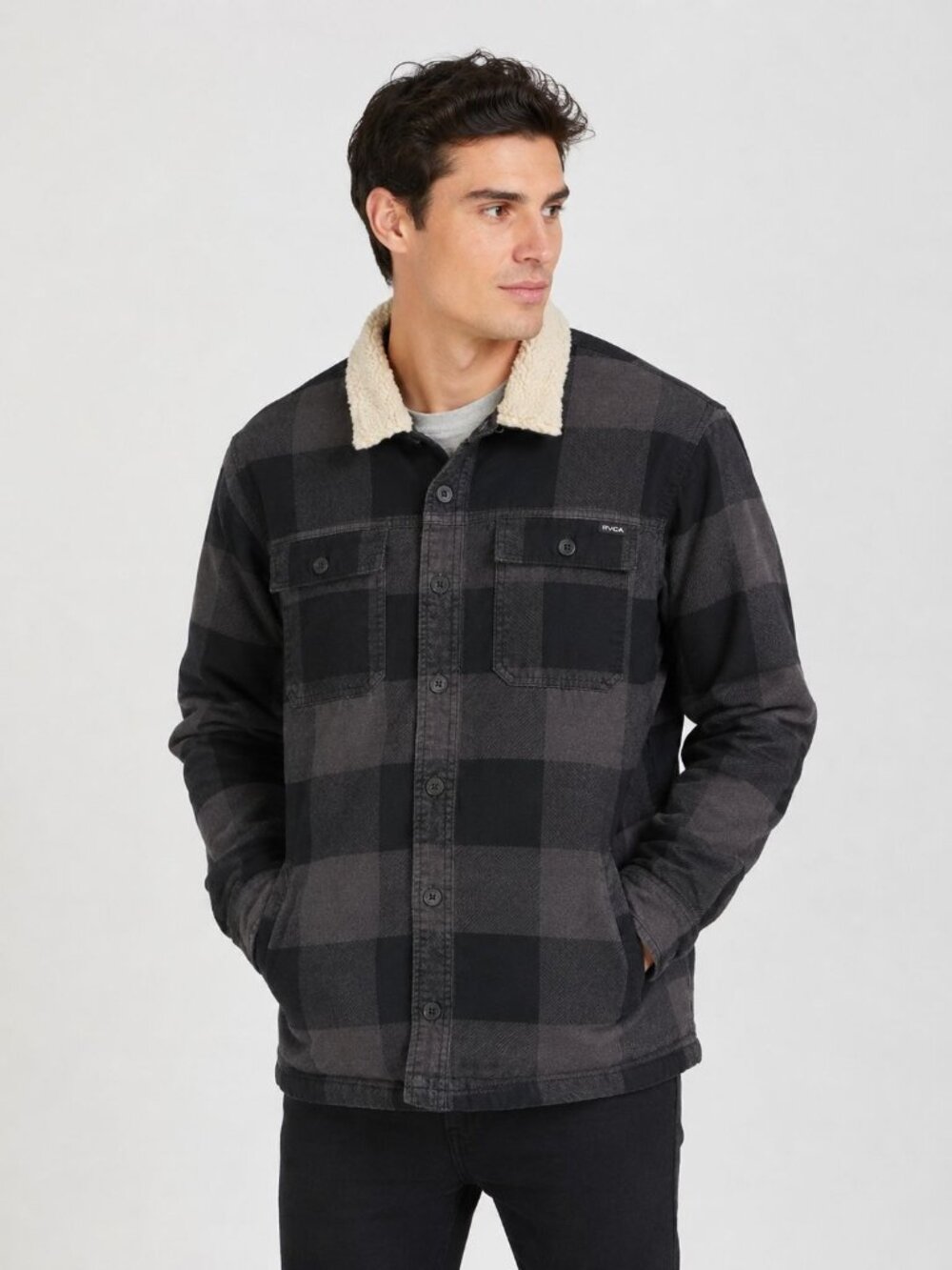 RVCA Range Faux Shearling Collar Plaid Shirt Jacket in black and grey Size M